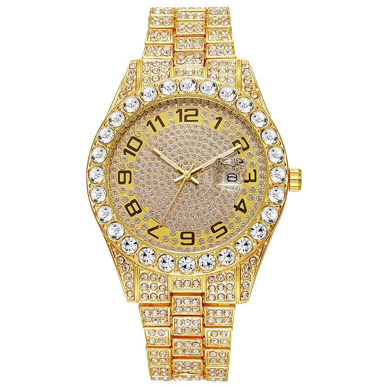 Hot Selling Full Diamond dial Iced Out alloy decoration Quartz Watch Men Luxury Hip Hop Men Watches Day Date Male classic Clock