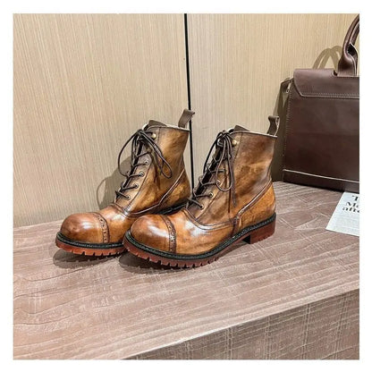 Fashion Cow Genuine Leather Motorcycle Boots Brogue Shoes Retro High Big Head Men's Mid-calf Chelsea Boots For Men Brown