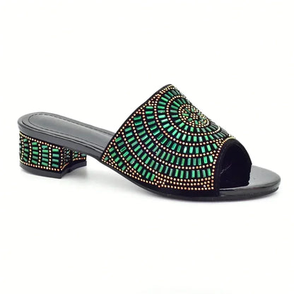 New Arrival African Women Wedding Shoes Bride Shoes Luxury Elegant Low Heels Rhinestone Lady Slippers Sandals Nigerian Pumps