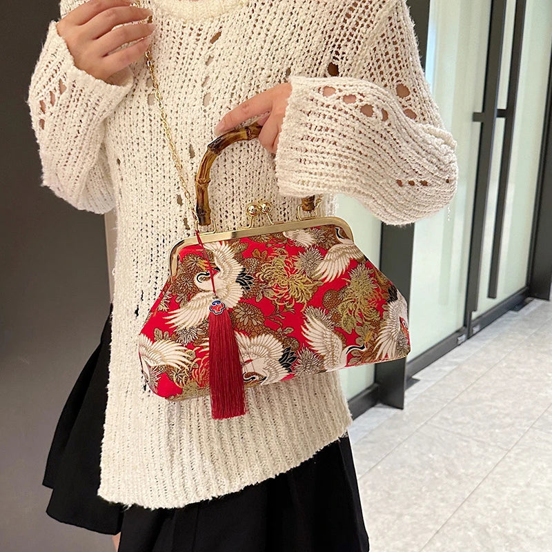 Designer Bamboo Handle Handbag Retro Embroidery Women Evening Bag High-end Nylon Crossbody Bag Luxury Lady Shoulder Bags Satchel