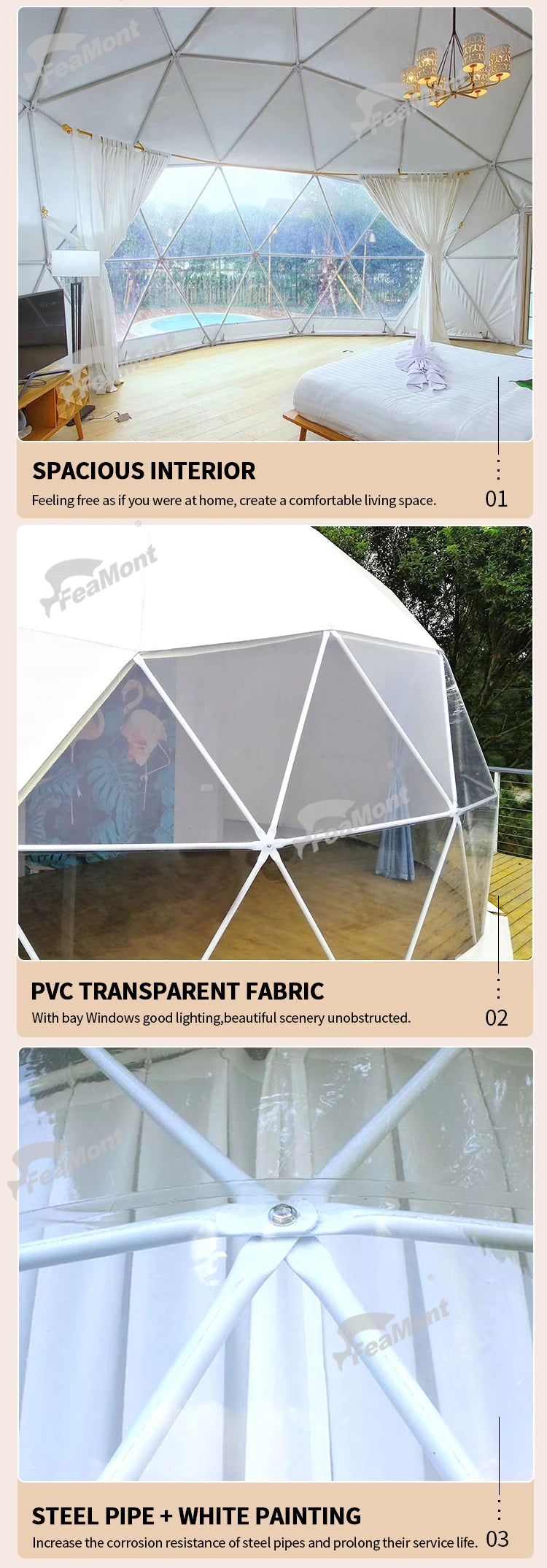 【Best-selling】FEAMONT Roof Pvc Heated Eco Prefab Transparent Geodesic Dome Hotel Glamping Tent House Desert Round Dome Tent For