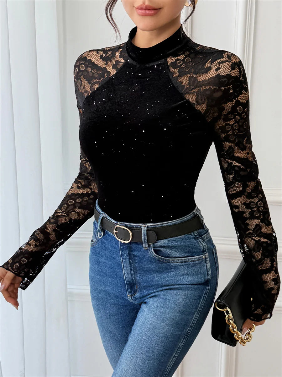 Benuynffy Mock Neck Long Sleeve Lace Body Top Women's Autumn 2025 Sexy Party Elegant Glitter Velvet Stretch Slim Female Bodysuit