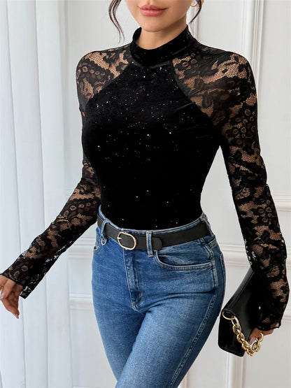 Benuynffy Mock Neck Long Sleeve Lace Body Top Women's Autumn 2025 Sexy Party Elegant Glitter Velvet Stretch Slim Female Bodysuit