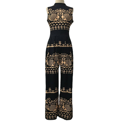 Casual Jumpsuit For Woman Sleeveless Jumpsuits Ethnic Print Mid Waist Romper Wide Leg Pants Long Jumpsuit & Women Clothes