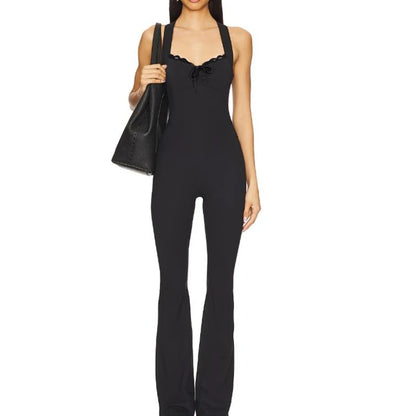 Women's Cleanfit Sleeveless Slim Fit Jumpsuit Lace Trim Patchwork Ruched V-Neck Back Cross Flare Long Pants Rompers