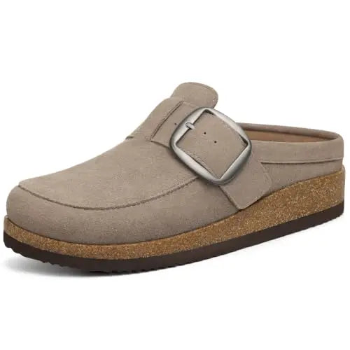 Evshine Women Loafer Style Clog Slippers Vegan Leather Adjustable Big Buckle Cork Footbed Casual Ladies House Home Slippers