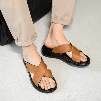 Mens Leather Slippers Comfortable Breathable Summer Big Size Sandals for Men with Soft Sole