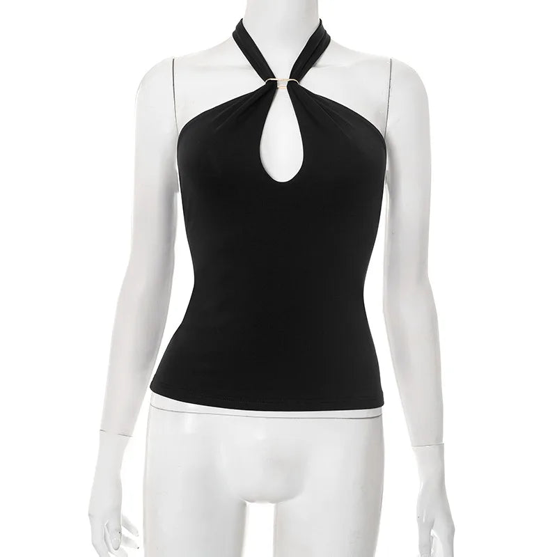 Women'S Solid Color Hanging Neck Tie Hollow Out Metal Ring Strapless Backless Tank Top Summer New Fashion Street Tank