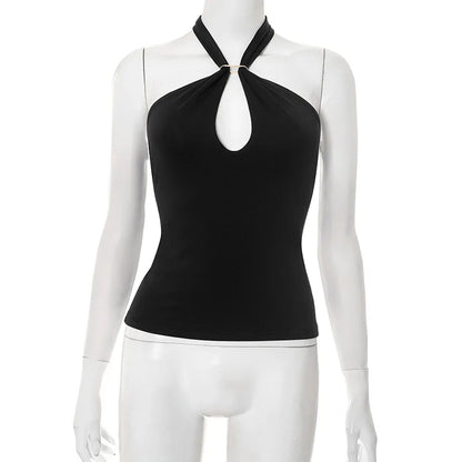 Women'S Solid Color Hanging Neck Tie Hollow Out Metal Ring Strapless Backless Tank Top Summer New Fashion Street Tank