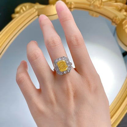 Luxury 18K white Solid Platinum PT950 rectangular yellow diamond ice flower cut 8*10mm moissanite versatile ring for women