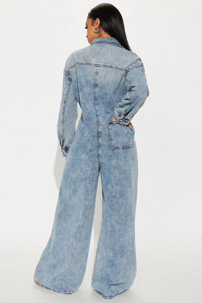 Streetwear Jeans Cargo Jumpsuit Sexy Women Turn Down Collar Elegant Wide Leg Denim Straight Romper Overalls
