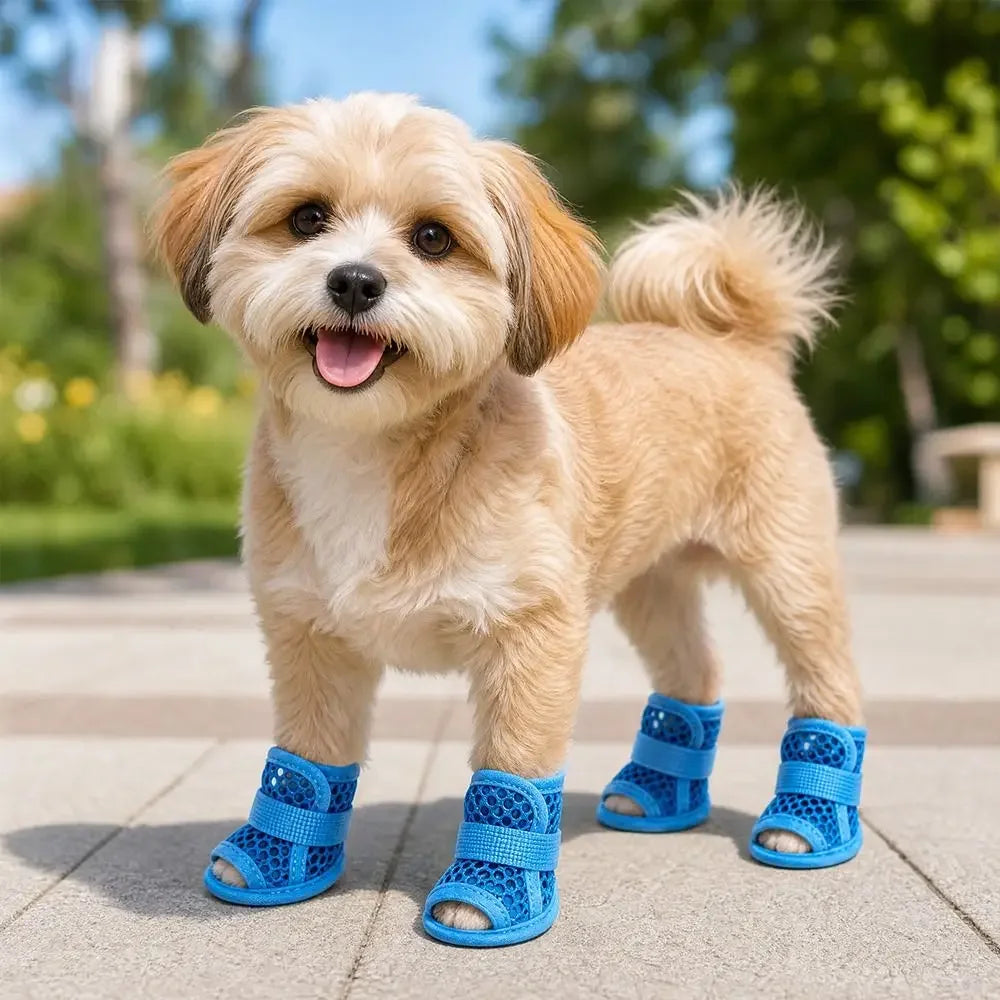 4PC Breathable Mesh Dog Shoes for Small Dogs Summer Pet Sandals Anti Slip Elastic Strap Outdoor Puppy Booties Cute Paw Protector