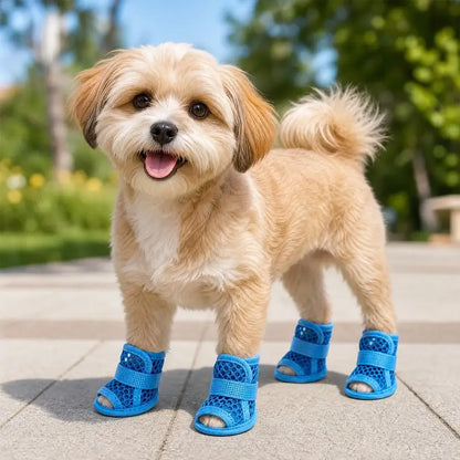 4PC Breathable Mesh Dog Shoes for Small Dogs Summer Pet Sandals Anti Slip Elastic Strap Outdoor Puppy Booties Cute Paw Protector