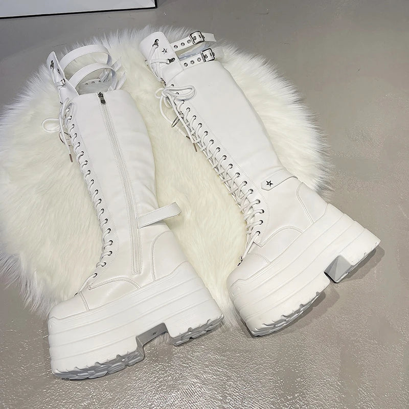 Super high heel high boots Spring and Autumn New round toe shallow mouth metal buckle platform non-slip thick heel boots