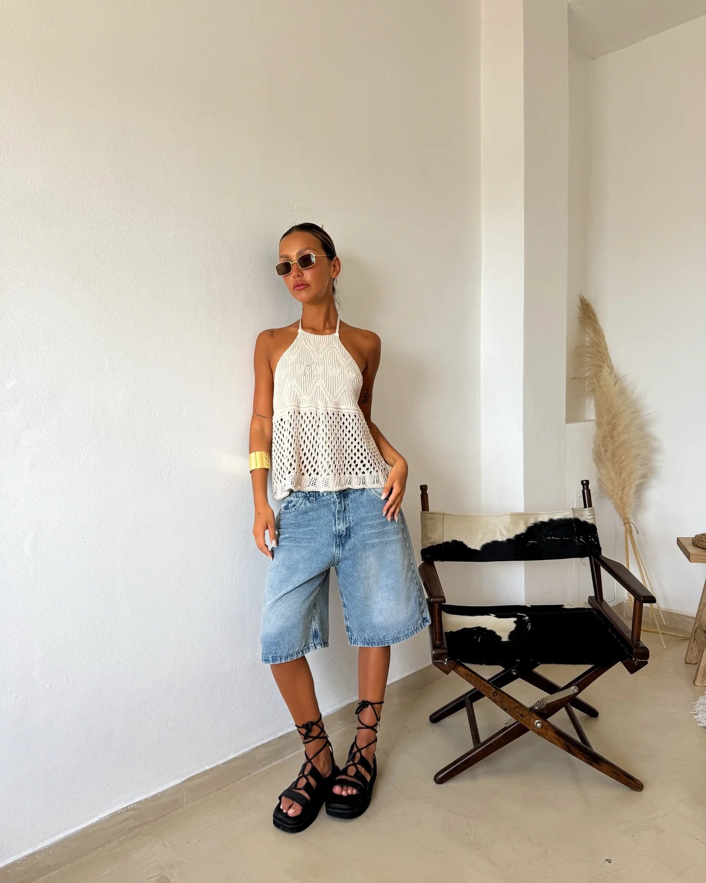 2026 New Style Women's Sleeveless  Knitted Halter Top, with Open Slit and Crochet Mesh Geometric Texture Sleeveless Draping Loose Top, Shipped from American Warehouse, Fast Delivery, Bohemian Style for Spring and Summer Outfi