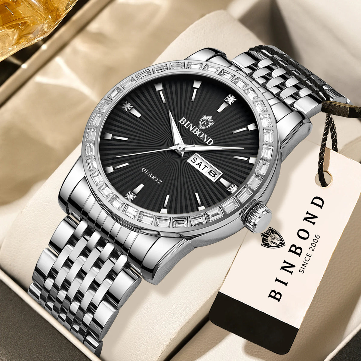 BINBOND Luxury Quartz Watches For Men Luminous Waterproof Men's Wristwatch Reloj Hombre Original Man Watch With Diamond