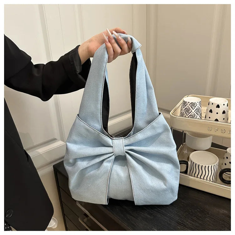 Sweet Bowknot Design Women's Denim Shoulder Bags Commuter Thread Ladies Handbags Casual Lightweight Female Underarm Tote Bag