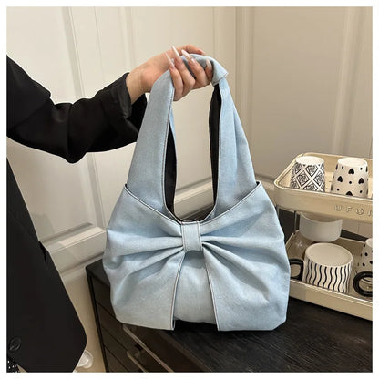 Sweet Bowknot Design Women's Denim Shoulder Bags Commuter Thread Ladies Handbags Casual Lightweight Female Underarm Tote Bag