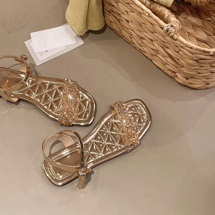 Luxury Crystal Square Toe Sandals Elegant Peep Toe Flat Slides Summer Fashionable Beach Shoes for Women