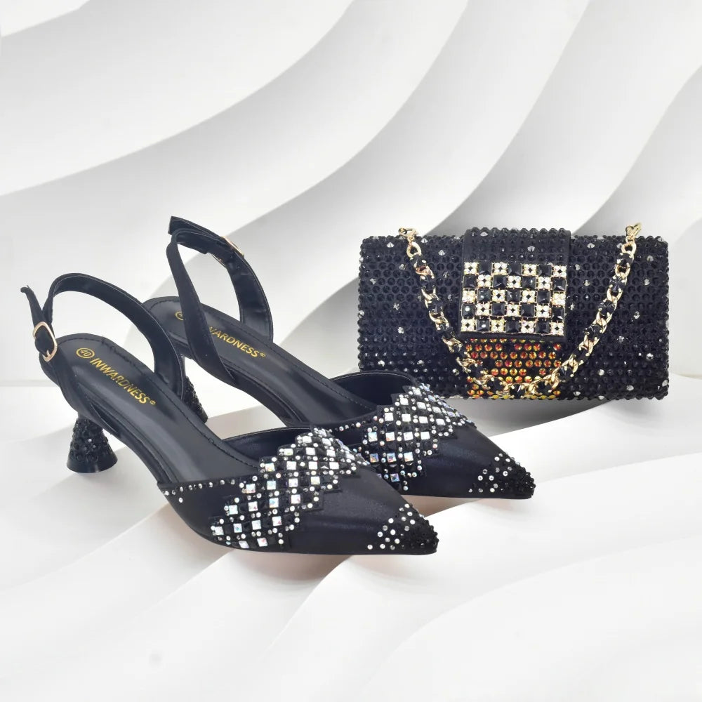 Women Nigerian Italian Shoes and Bags Set Decorated with Rhinestone Luxury Shoe and Bag Set for Party in Women Ladies Pumps