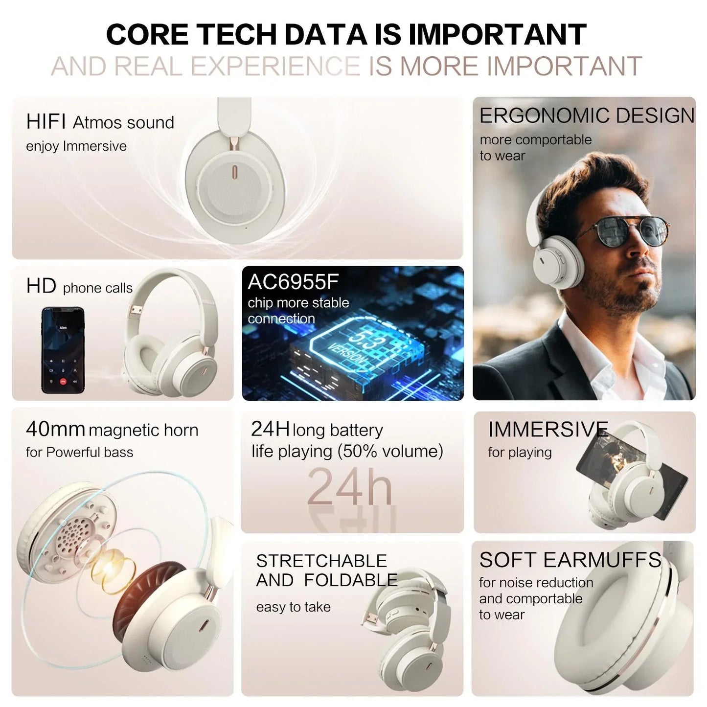Wireless Headphones Bluetooth 5.3 Headset Foldable Portable Earphones Fashion Photography Props Aesthetic Outfit Accessories Long Battery Life Comfortable Lightweight Over Ear Bass Stereo Sound Adjustable Headband For Travel