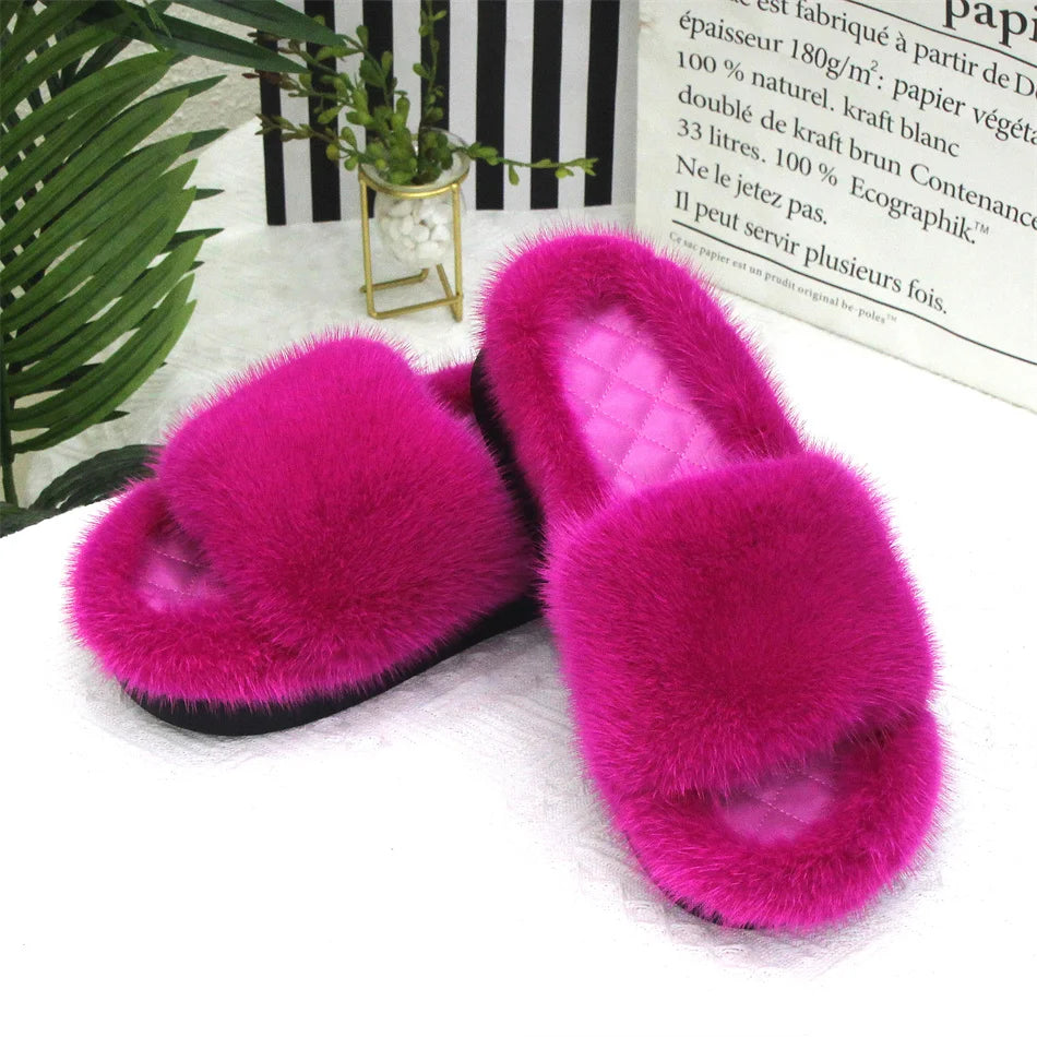 2026 Women Real Mink Fur Slippers Indoor Outdoor Luxury Shoes For Women Comfort Platform Fluffy Slipper Slides For Woman Summer