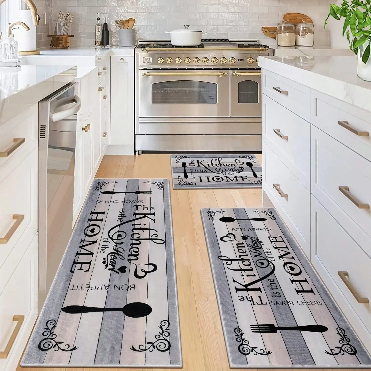 Kitchen Carpet Mat Rug - Utensils Spoon & Spice Design with 'BON APPETIT' Quote for Dining Room Home Decoration Floor Mat