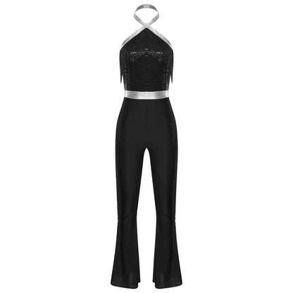 70s 80s Disco Costume Women's Streetwear Jumpsuit Shiny Clubwear Flared Long Pants Rompers Flares Metallic Hippie Party Outfit
