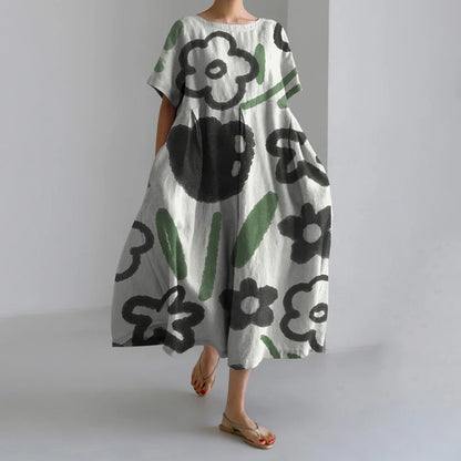 Holiday Casual Striped Printed Dresses Summer Women's Round Neck Short Sleeve Dresses Plus Size Pockets Elegant Party Dresses