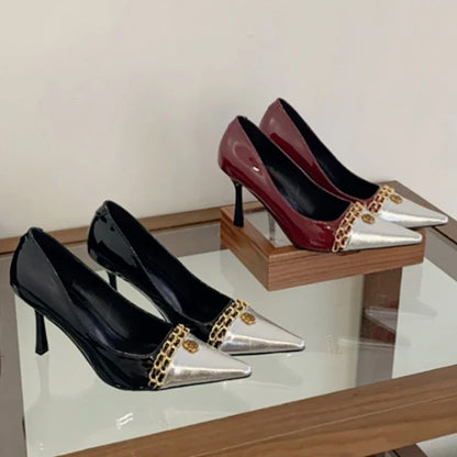 Luxury Metal Decoration Design Pumps Women Sexy Splicing Pointed Toe Stiletto Sandals Elegant Banquet Dress Shoes Zapatos Mujer