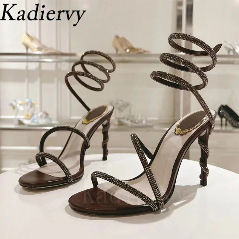 Luxury High Heels Sandals Woman Rhinestone Snake Twine Around Ankle Strap Wedding Shoes Stiletto Summer Gladiator Sandals Women