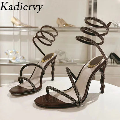 Luxury High Heels Sandals Woman Rhinestone Snake Twine Around Ankle Strap Wedding Shoes Stiletto Summer Gladiator Sandals Women