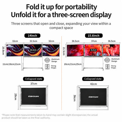 Sibolan 16 inch 2.5K Three Screen Portable Monitor 60Hz 100% sRGB Metal Body HDMI USB-C Laptop Display Extender For Wins mac OS