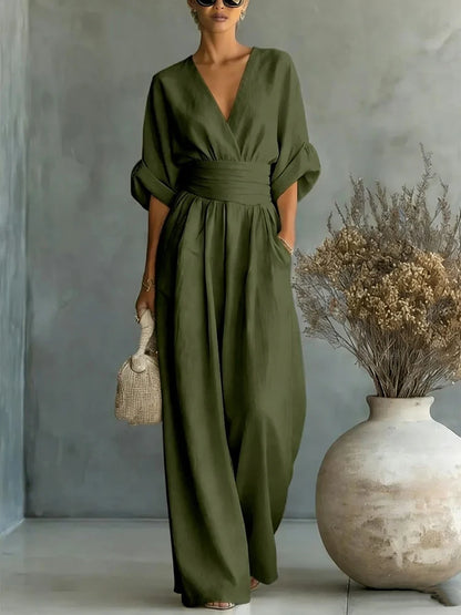 Women Elegant Linen V Neck Short Sleeve Jumpsuit Waist Cinched Wide Leg Long Pants Rompers with Pockets Casual Ladies Overalls