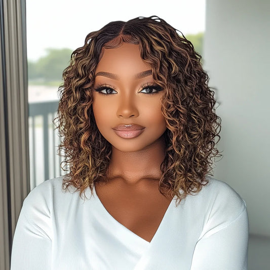 Sleek Short Curly Bob Lace Wigs 13X6X1 Deep Wave Curly Lace Front Wigs 100% Real WigHighlight Colored Human Hair Wigs For Women