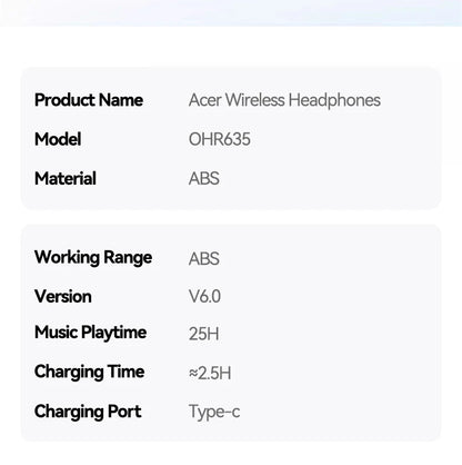 Acer OHR635 Neckband Bluetooth Headphones 40H Playtime Digital Display Wireless 6.0 Earphones with Mic