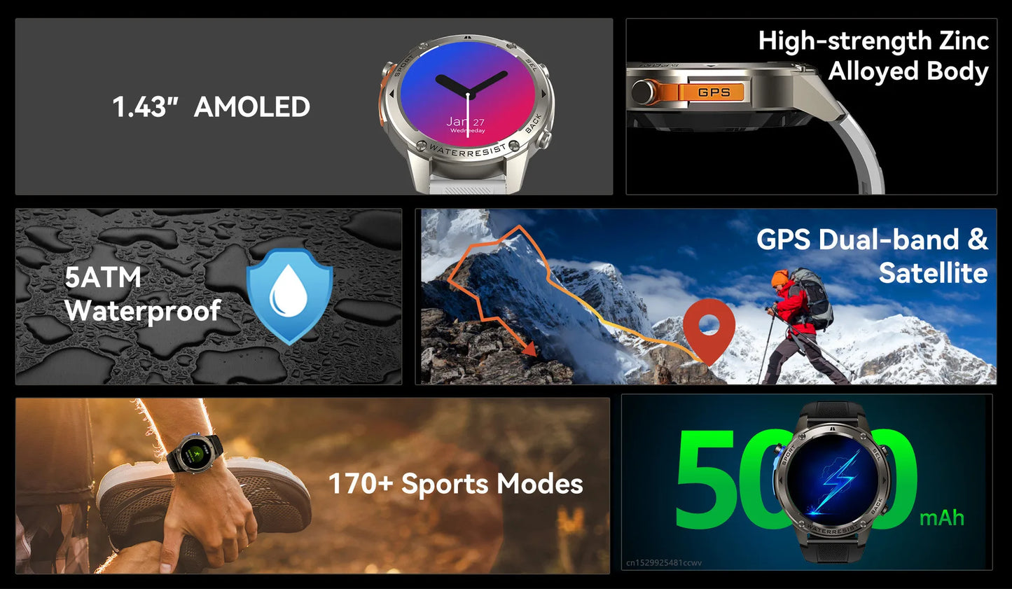 AMOLED Smart Watch DM56 Bluetooth Calling 500mAh Battery GPS Dual Band Satellite Outdoor Sports  Fitness Tracking Smartwatch