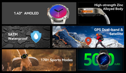 AMOLED Smart Watch DM56 Bluetooth Calling 500mAh Battery GPS Dual Band Satellite Outdoor Sports  Fitness Tracking Smartwatch