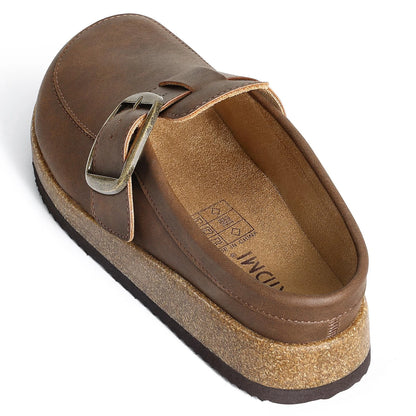 Evshine Women Loafer Style Clog Slippers Vegan Leather Adjustable Big Buckle Cork Footbed Casual Ladies House Home Slippers