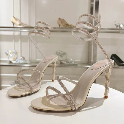Luxury High Heels Sandals Woman Rhinestone Snake Twine Around Ankle Strap Wedding Shoes Stiletto Summer Gladiator Sandals Women