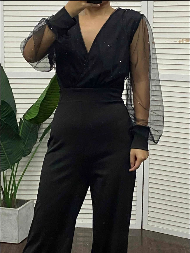 Elegant Women's Jumpsuit 2022 Autumn Fashion Contrast Mesh Long Sleeve Plain V-Neck Party Long Jumpsuit