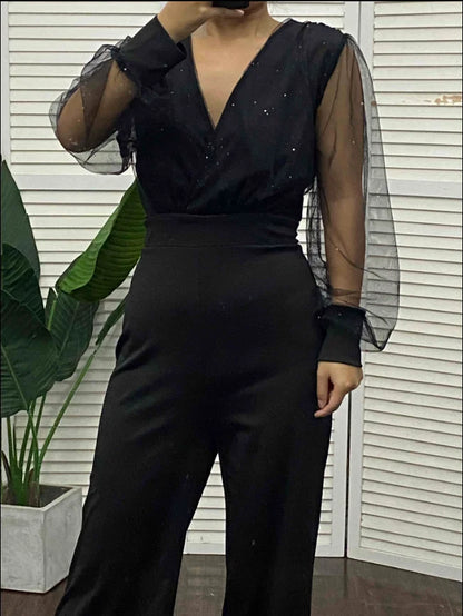 Elegant Women's Jumpsuit 2022 Autumn Fashion Contrast Mesh Long Sleeve Plain V-Neck Party Long Jumpsuit