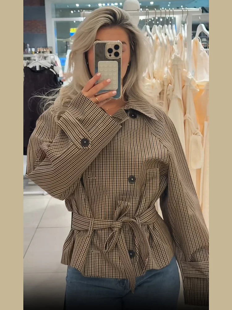 Beige Checkered Cropped Trench Coat Women Stand Collar With Waist Belt Loose Oversized Autumn Daily Wear Outer Jacket