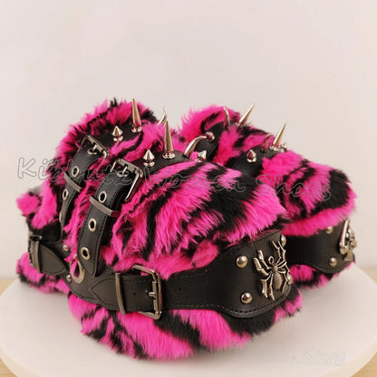 Furry Sandals Platform Rock Novelty Round Toe Thick Bottom Spicy Girl Shoes Punk Rivets Slipper Fashion Luxury Elegant Concise