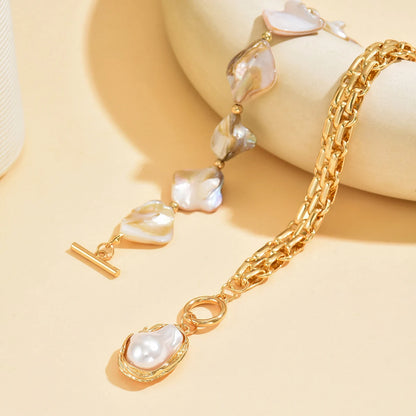 Boho Baroque Pearl Choker Necklace Asymmetric Cuban Link Chain Toggle Clasp Statement Summer Beach Jewelry Gift
