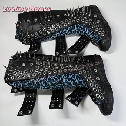 Blue Leopard Print Platform Knee High Boots Metal Spikes and Studs Decor Multi Strap Design Punk Goth Canvas Shoes 2026 Trend
