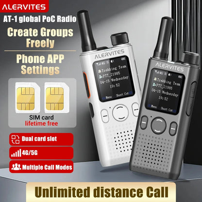 ALERVITES 2PCS AT1 POC Public Network Walkie Talkie Unlimited Global Communication Range Ultra-thin Portable Two Way Radio