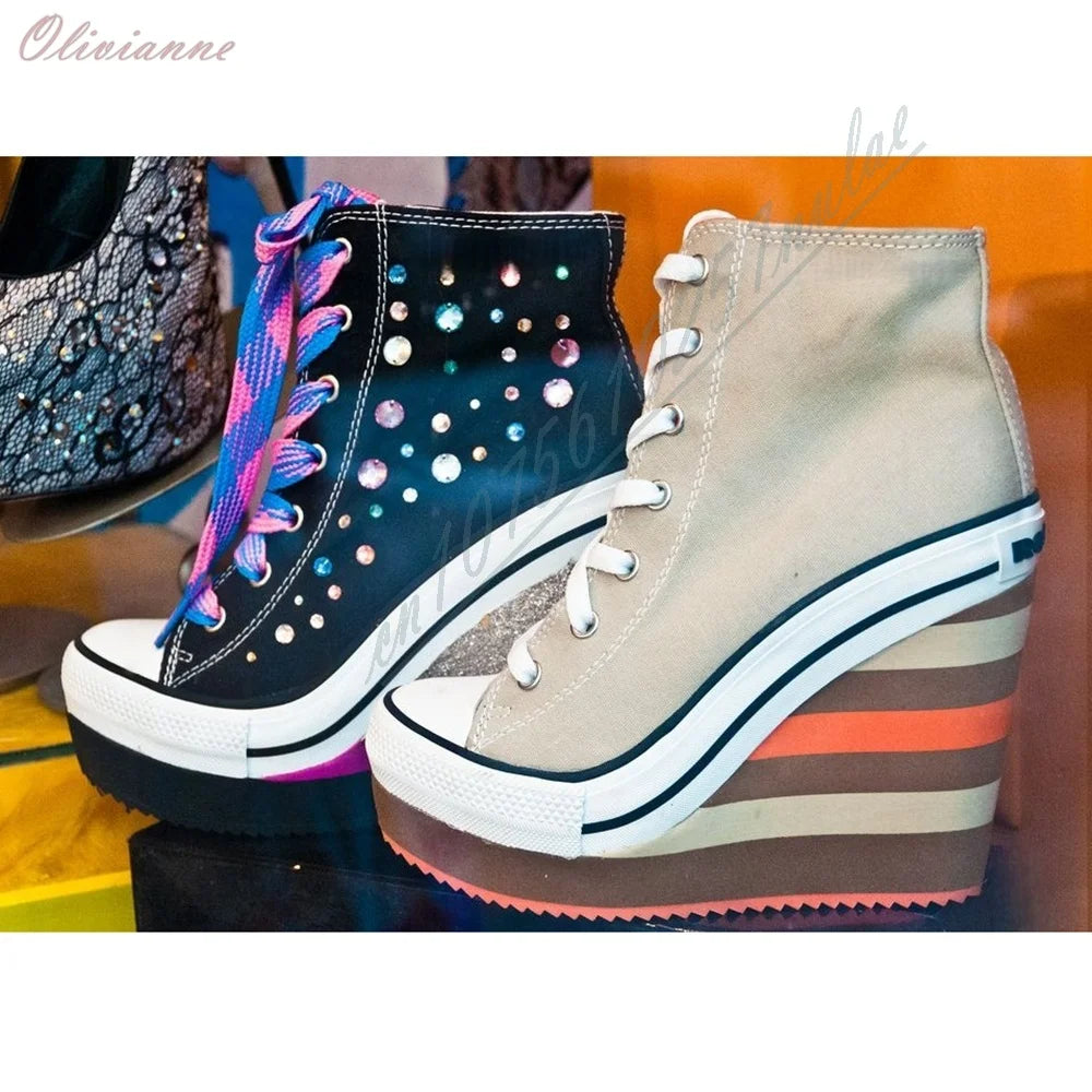 2026 New Arrival Women Black Canvas Wedge Heel High Top Sneakers Lace Up Platform Casual Sneakers Striped Wedge Sole Streetwear