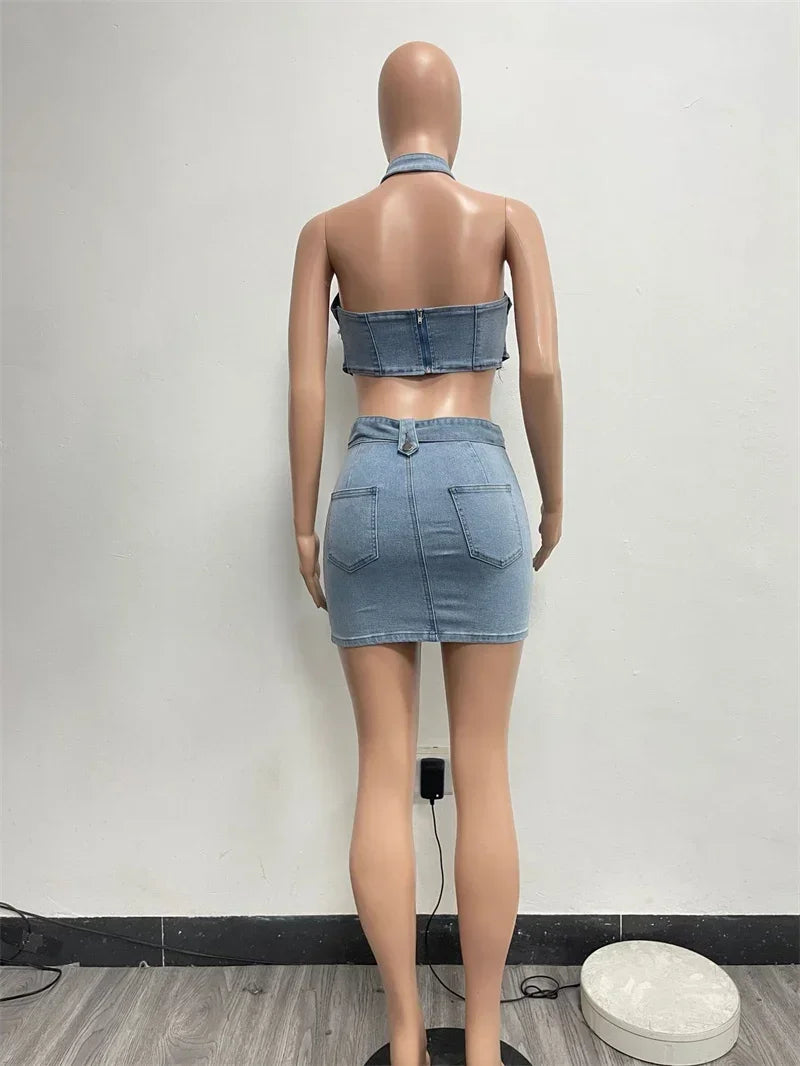 Sexy Denim Two Piece Set Women Y2K Clothes Zipper Halter Hollow Out Backless Crop Top and Mini Skirt Club Party Matching Sets