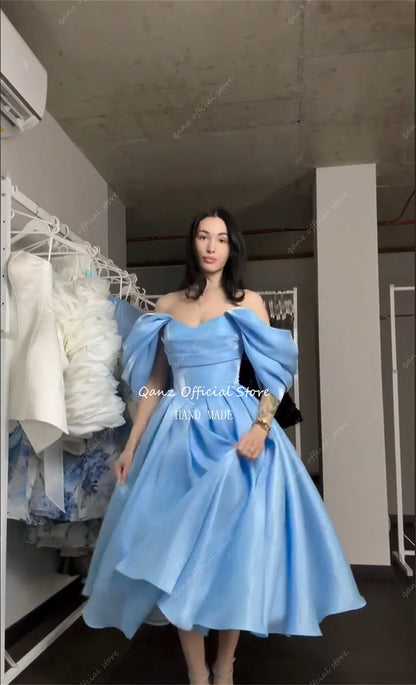 Qanz Elegant Sky Blue Prom Dress Off The Shoulder Backless Women's Wedding Party Attire A Line Vestidos De Fiesta Customized